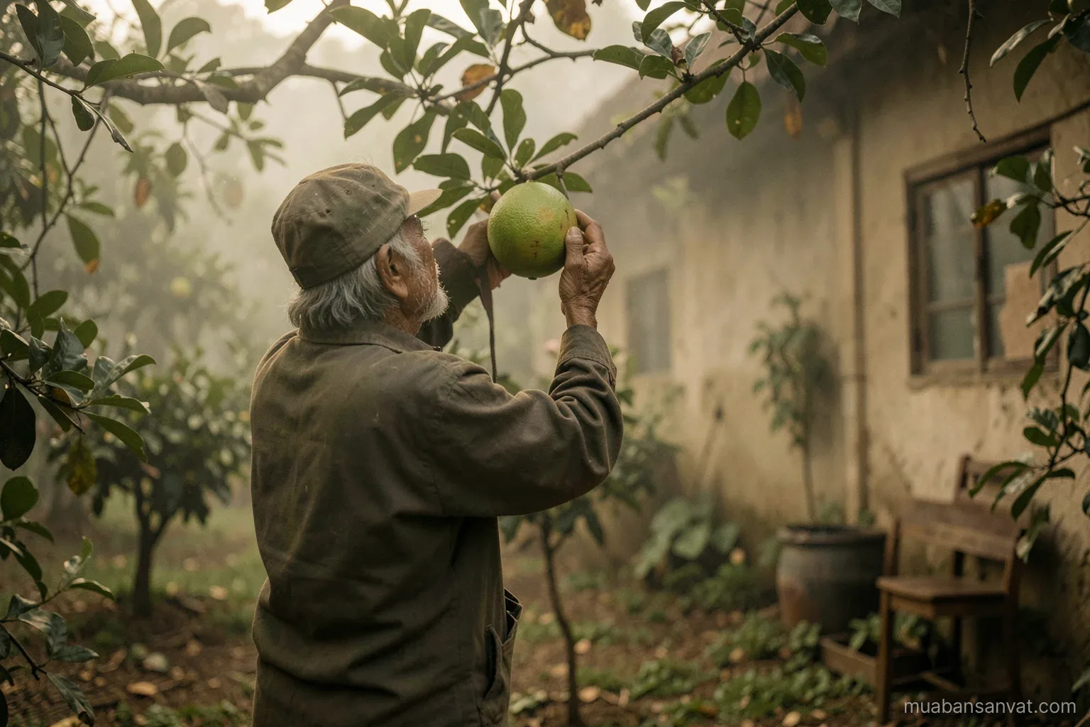 An elderly farmer seen from behind lifting a round pomelo from a low branch in a Phu Tho hillside orchard, misty morning light, muted green and ochre tones