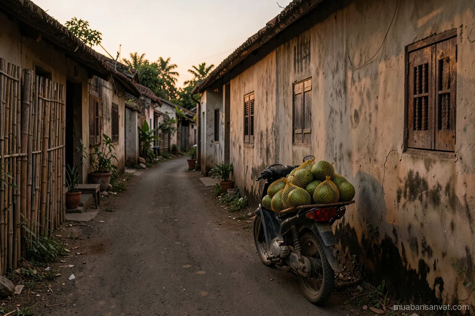 Wide view of a narrow village road in Ha Tinh at dusk, a motorbike loaded with mesh sacks of green pomelos parked by a bamboo fence, warm low sun