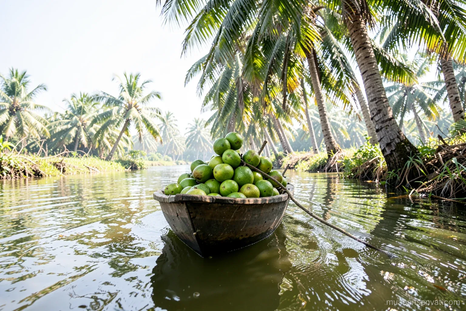 Low angle view along a canal in the Mekong Delta, a small wooden boat stacked with green pomelos gliding under coconut palms, bright midday haze